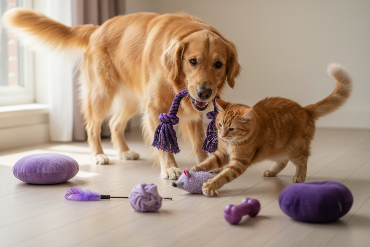 create me a realisitic image of a dog and cat playing with a varation of toys in different shades of purple